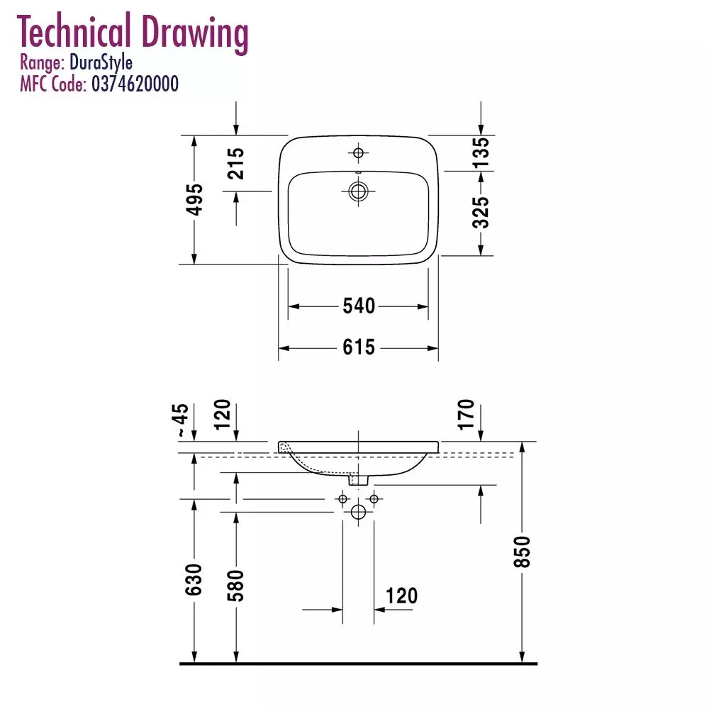 Умывальник встраиваемый Duravit DuraStyle 61.5х49.5 см, белый (0374620000) - Фото 2