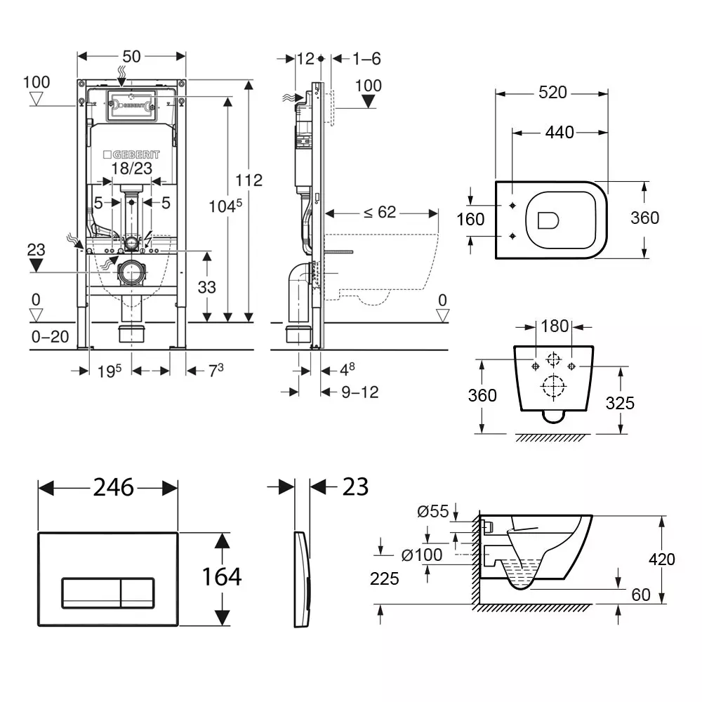 Комплект унитаза подвесного с крышкой Waterway GOLF Vortex и инсталляции Geberit Duofix Basic с клавишей Delta50  (10812VP+458.103.00.2/115.119.21.1) - Фото 2