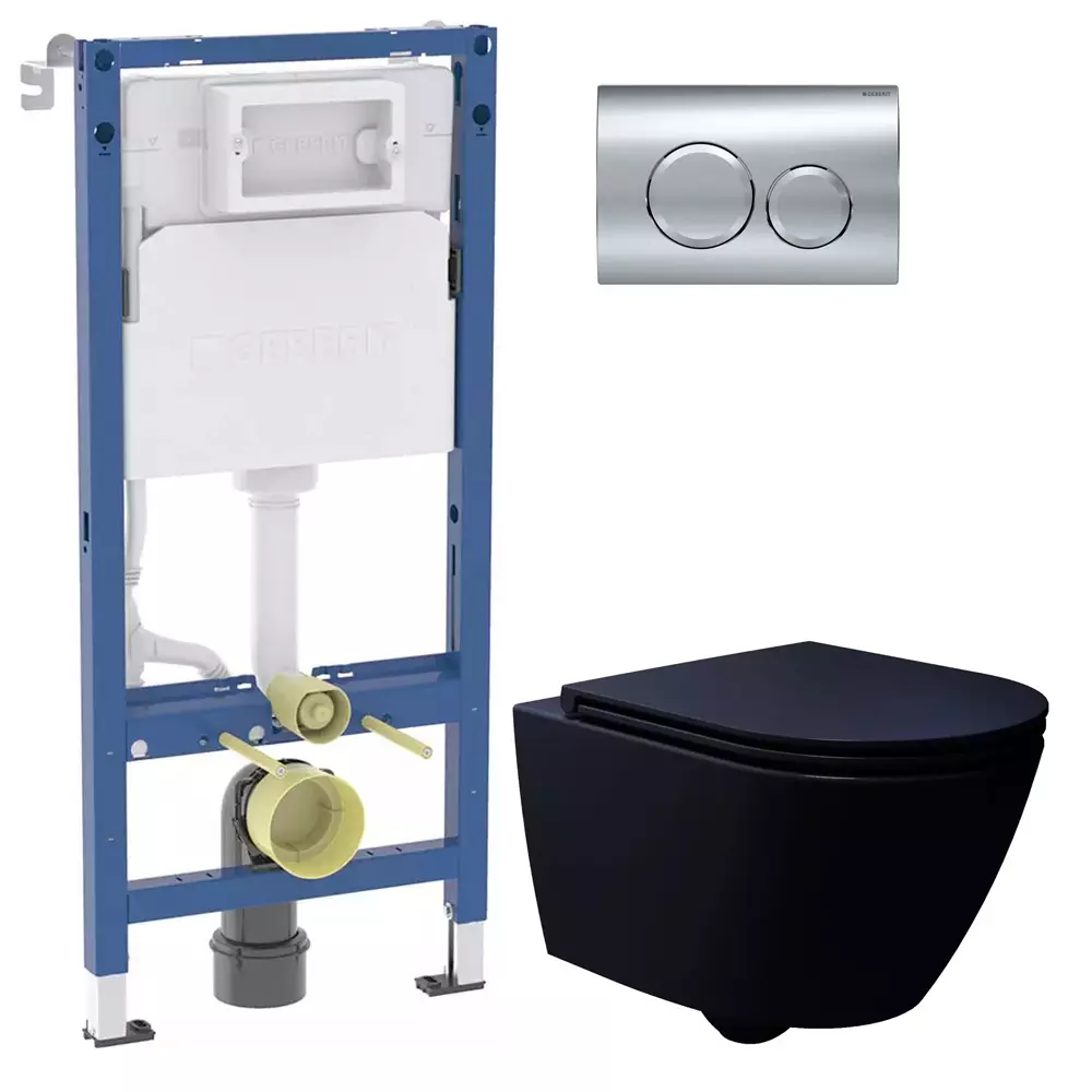 Комплект підвісного унітазу з кришкою Waterway ROCK Vortex та інсталяції Geberit Duofix Basic з клавішею Delta20 (10822BVP-MB+458.103.00.2/115.127.21) - Фото 1