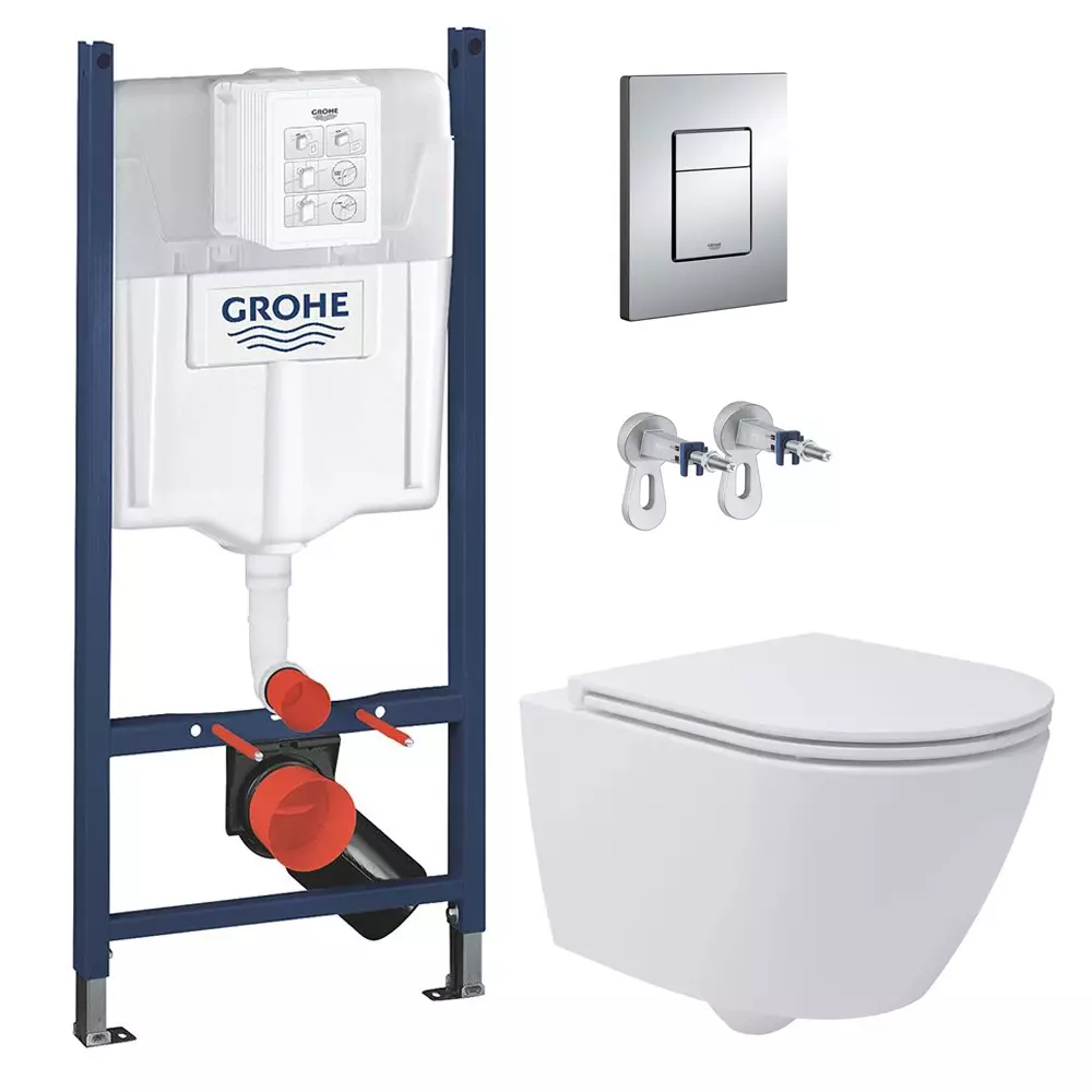 Комплект унітаза підвісного з кришкою Waterway ROCK Vortex та інсталяції Grohe Rapid SL з клавішею Skate Cosmopolit (10822BVP-MW+UA388400WG/38732000) - Фото 1