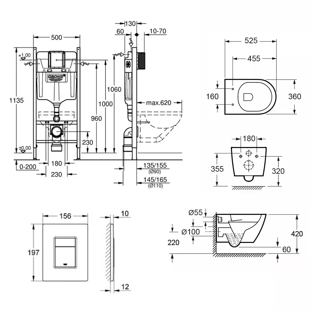 Комплект унітаза підвісного з кришкою Waterway ROCK Vortex та інсталяції Grohe Rapid SL з клавішею Skate Cosmopolit (10822BVP-MW+UA388400WG/38732000) - Фото 2