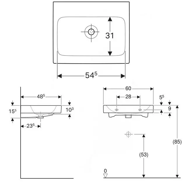 Умывальник подвесной Geberit iCon 60 см без отверстия для смесителя, без перелива, белый глянец (124061000) - Фото 3