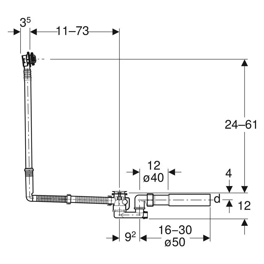 Злив-перелив для ванни Geberit з поворотним механізмом d52, довжина 73 см, глянсовий хром, d=40/50 мм (150.525.21.6) - Фото 4