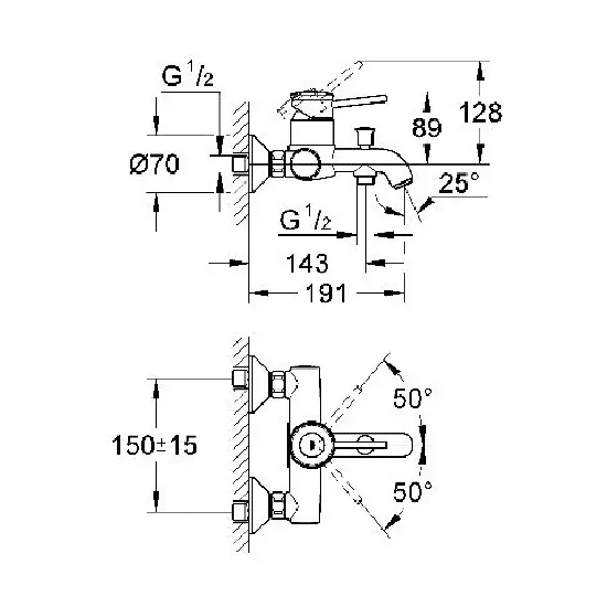 Смеситель для ванны однорычажный, настенный монтаж Grohe Bau Classic (32865000) - Фото 3