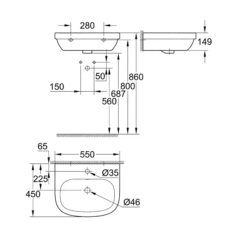 Умивальник підвісний з напівп'єдесталом Grohe Euro Ceramic 55см, білий (39336000/39325000) - Фото 2