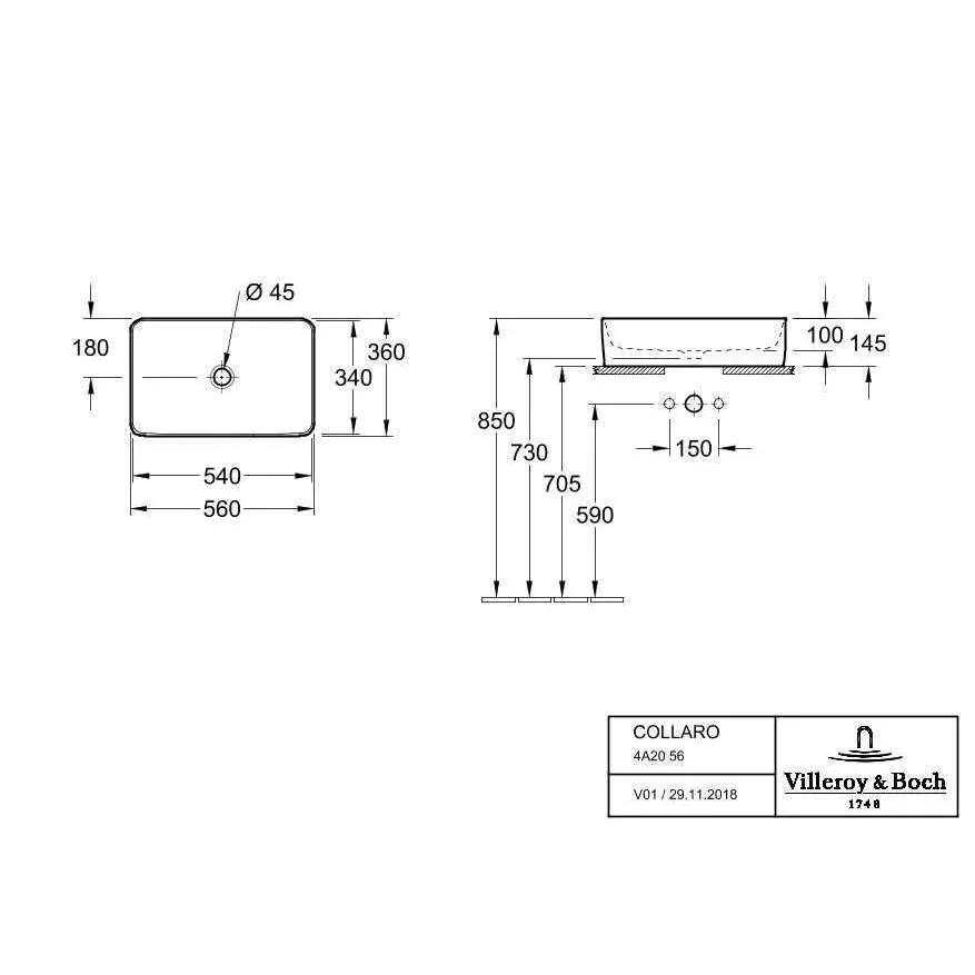 Умывальник на столешницу Villeroy & Boch Collaro 56х36, CeramicPlus, White Stone (4A2056RW) - Фото 3