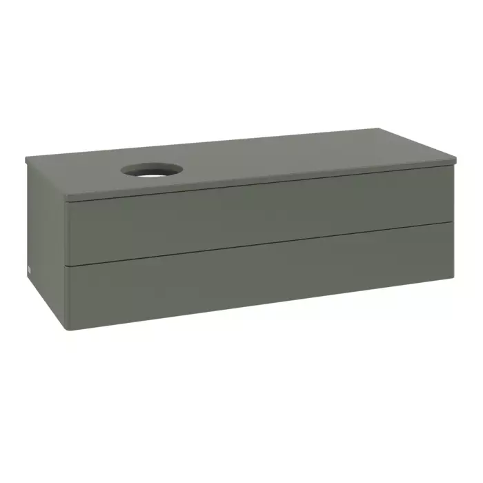 Комплект умивальника на стільницю Villeroy&Boch Antao 51х40 см Ceramic Plus, Almond з тумбою Villeroy&Boch Antao 120х36х50 см з LED light, Leaf Green Matt Lacquer, з експозиції салону (4A7351AM/L22010 - Фото 4