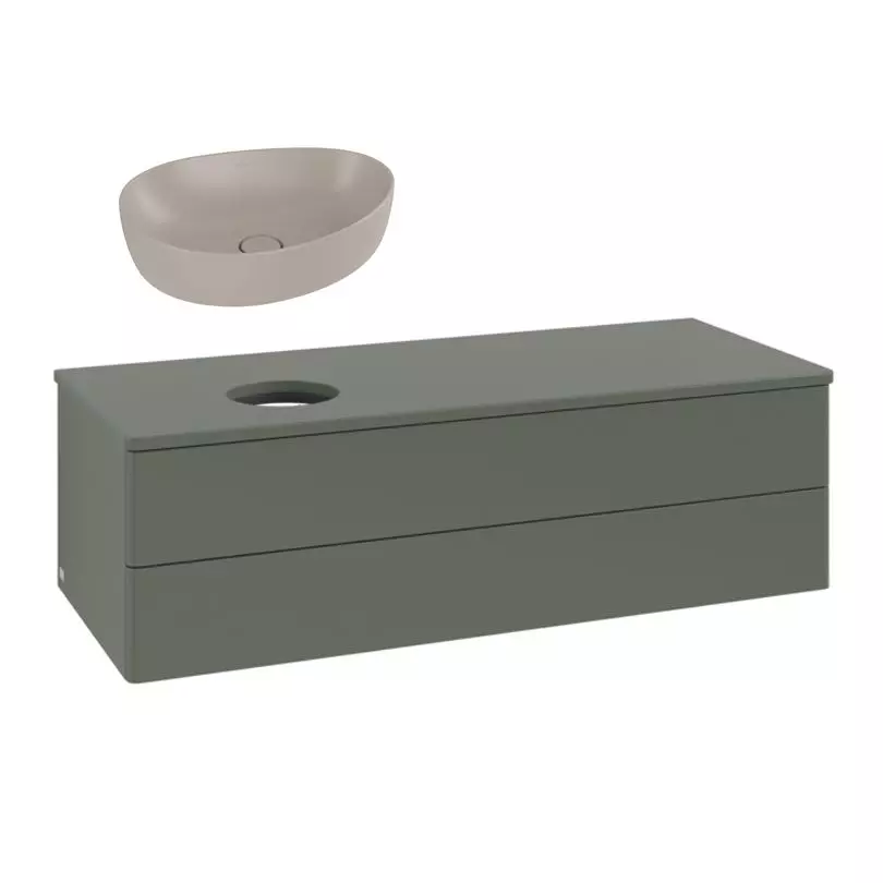 Комплект умивальника на стільницю Villeroy&Boch Antao 51х40 см Ceramic Plus, Almond з тумбою Villeroy&Boch Antao 120х36х50 см з LED light, Leaf Green Matt Lacquer, з експозиції салону (4A7351AM/L22010 - Фото 2