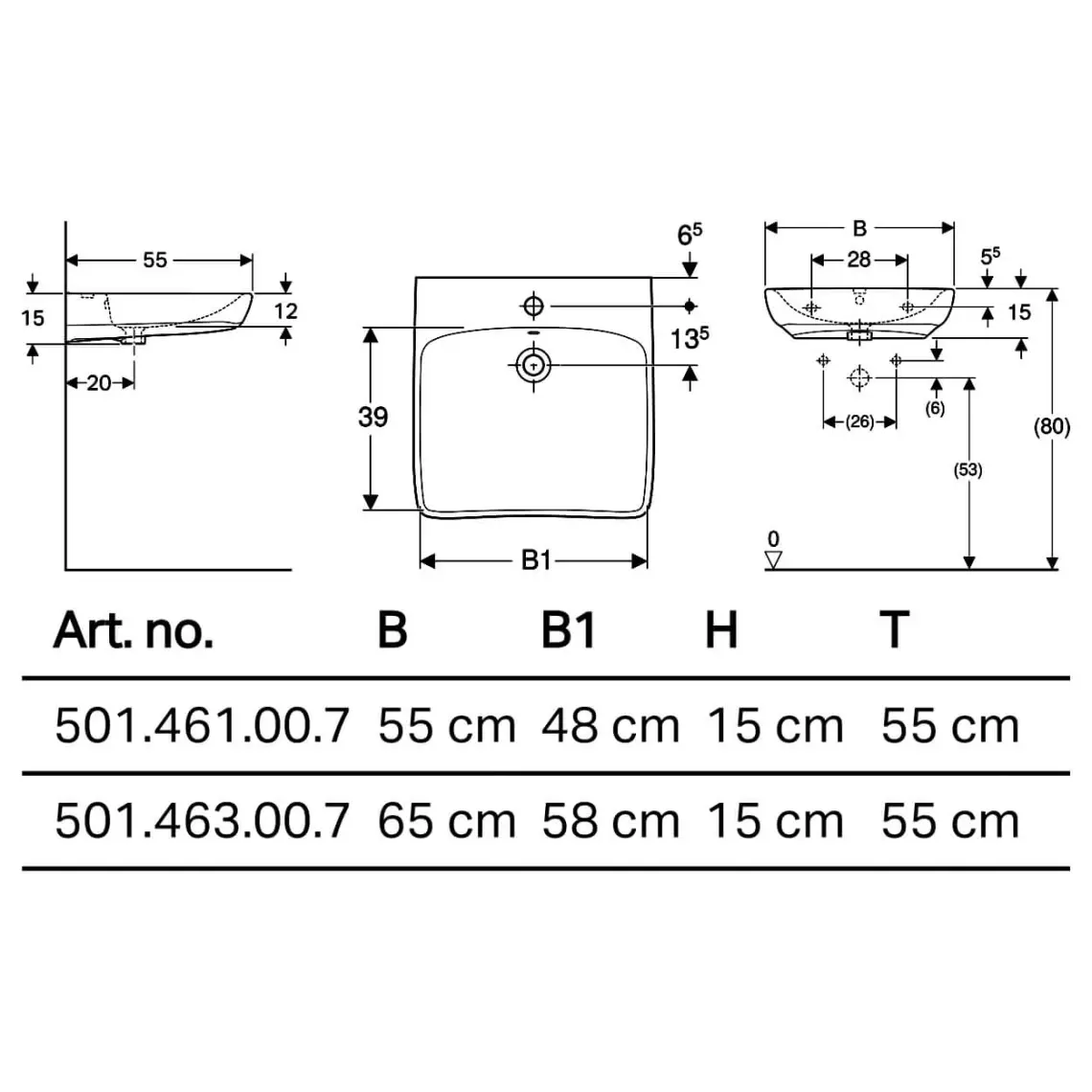 Умивальник підвісний Geberit Selnova Comfort для осіб з обмеженими можливостями: B=55см, T=55см, білий (501.461.00.7) - Фото 2