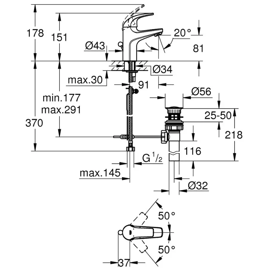 Умывальник встраиваемый Roca Diverta 550х425 мм + сифон Viega + смеситель однорычажный Grohe BauCurve, хром (A327116000/108694/32805000) - Фото 3