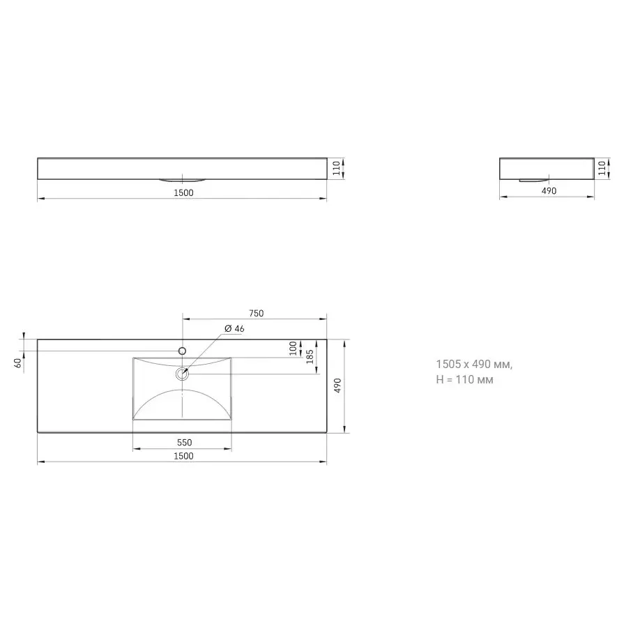 Умивальник підвісний PAA Long Step 1500, литий камінь, по центру, 150х49, Glossy Alpine White (ILS1500_00) - Фото 4