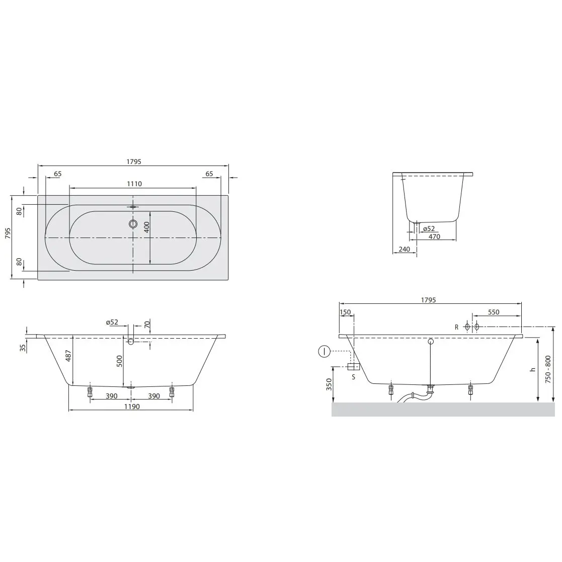 Ванна акрилова O.NOVO Cassandra Duo 180x80 Villeroy&Boch (UBA180CAS2V-01) - Фото 4